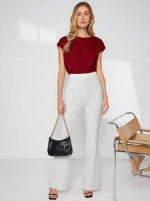BizChic Áo sơ mi nữ tay cánh dơi bất đối xứng, màu trơn, kiểu dáng cơ bản phù hợp cho công sở, thời trang tối giản, thanh lịch, thích hợp cho văn phòng hoặc làm giáo viên. - Màu Đỏ Sâu - Xem 6
