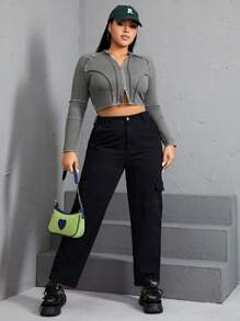 SHEIN EZwear Hơn Dây kéo Áo phông Crop - Xám - Xem 3