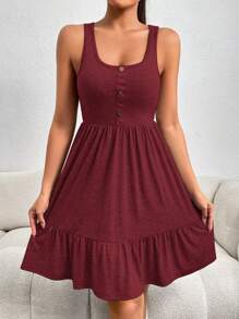 Button Detail Ruffle Hem Dress - Burgundy - View 4