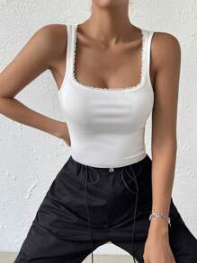 SHEIN LUNE 素色條紋針織背心上衣 - 白色 - 查看 1