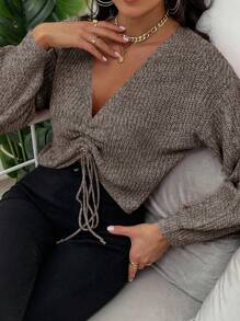EMERY ROSE Lantern Sleeve Drawstring Ruched Front Crop Sweater,Long Sleeve Tops Knit Pullover Fall Winter Outfit - Coffee Brown - View 6
