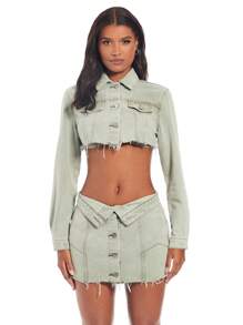 SHEIN BAE Foldover Waist Button Front Raw Hem Denim Skirt - Light Wash - View 4