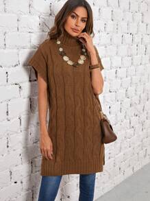 EMERY ROSE 1入組高領後紐扣下擺開叉毛衣洋裝 - 棕色 - 查看 5