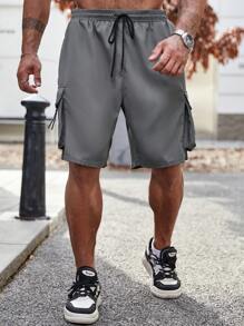 Manfinity 男款大尺碼寬鬆有蓋口袋側抽繩腰工裝短褲 - 灰色 - 查看 6