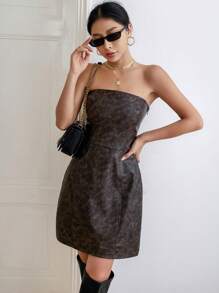 GENKIRA 花卉圖案提花抹胸洋裝 - 巧克力棕 - 查看 5