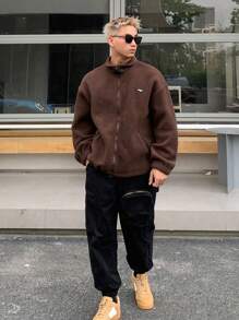 DAZY Men Letter Patched Drop Shoulder Teddy Jacket,Thermal Lined Fall,Winter - Brown - View 8