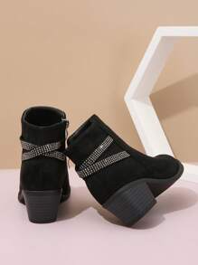Girls' Rhinestone Strap Side Zipper Ankle Boots With Chunky Heels - Black - View 4