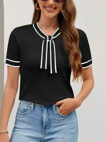 SHEIN Clasi Contrast Binding Tie Neck Knit Top - Black - View 4