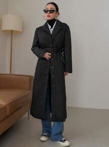 翻领系带长款绗缝加厚口袋大衣，女士冬季服装，女士冬装外套 - 黑色 - 查看 10