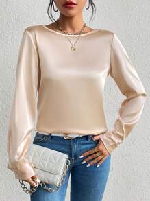 SHEIN Privé 鏈條細節V領襯衫 - 杏色 - 查看 3