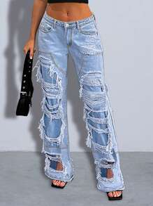 Ripped Straight Leg Jeans - Light Wash - View 1