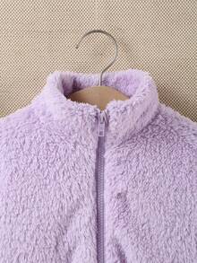 SHEIN Chica preadolescente Cazadora teddy con cremallera de hombros caídos - Morado Violeta - Ver 4