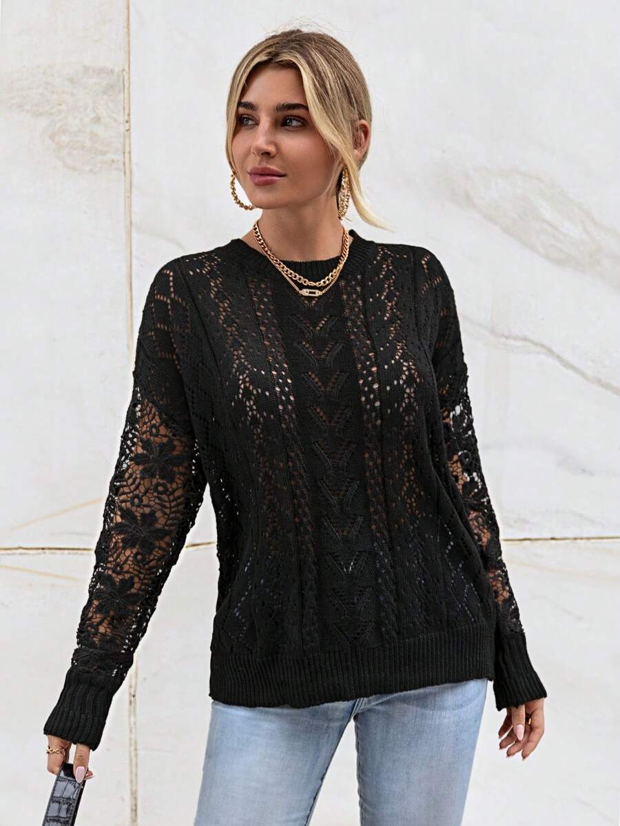 SHEIN Privé كنزة صوف منسوج بفتحات صغيرة منخفض الاكتاف