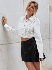 SHEIN Privé Solid Ruffle Trim Button Front Shirt - White - View 2