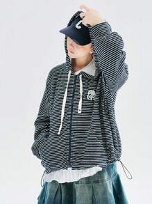 1入組條紋圖案貼布細節拉鏈開襟落肩袖抽繩連帽衫 - 藏蓝色 - 查看 1