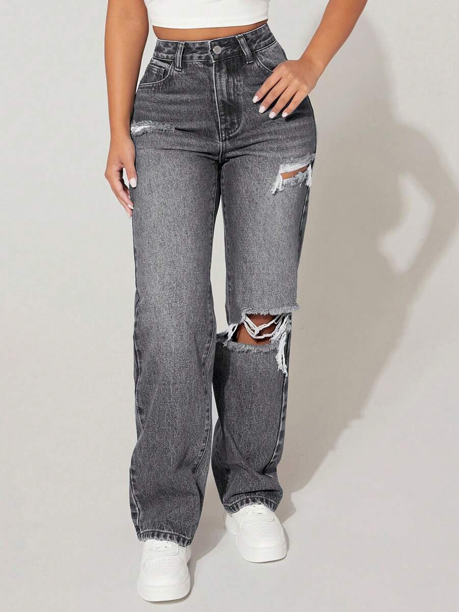 SHEIN PETITE High Waist Cut Out Ripped Frayed Straight Leg Jeans ,Petite Women - Light Grey - View 1
