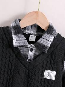 SHEIN Young Boy Plaid 2 In 1 Sweatshirt & Pants - Black - View 3