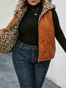 SHEIN LUNE 加豹紋拉鍊連帽背心絎縫外套 - 珊瑚橙 - 查看 3