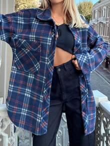 EURMUSE Plaid Print Drop Shoulder Coat - Navy Blue - View 4