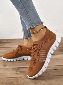 女士針織透氣綁帶極簡風格運動鞋 - 摩卡棕 - 查看 5