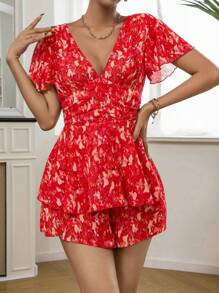 SHEIN VCAY Allover Print Butterfly Sleeve Romper - Red - View 1