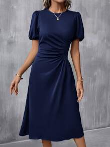 SHEIN Clasi Solid Ruched Puff Sleeve A-line Dress - Navy Blue - View 4
