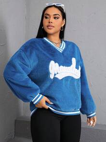 SHEIN EZwear 加字母刺繡落肩泰迪衛衣 - 藍色 - 查看 5