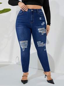SHEIN Privé Plus Ripped Skinny Jeans - Blue - View 5