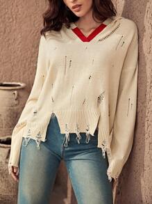 Bohemela 拼接邊落肩袖破洞毛衣