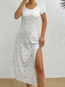 CottageSlumber 花卉印花生菜边开叉大腿睡衣睡裙长裙