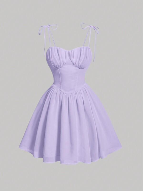 SHEIN MOD 實心結肩褶皺胸部牛仔女約克莎蜜莓裝