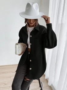 SHEIN LUNE Drop Shoulder Pocket Patched Coat - Black - View 5