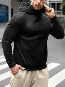 Manfinity BRENVOR Men's Casual Solid Color Letter Embossed Hoodie, Autumn/Winter, Long Sleeve Top - Black - View 7