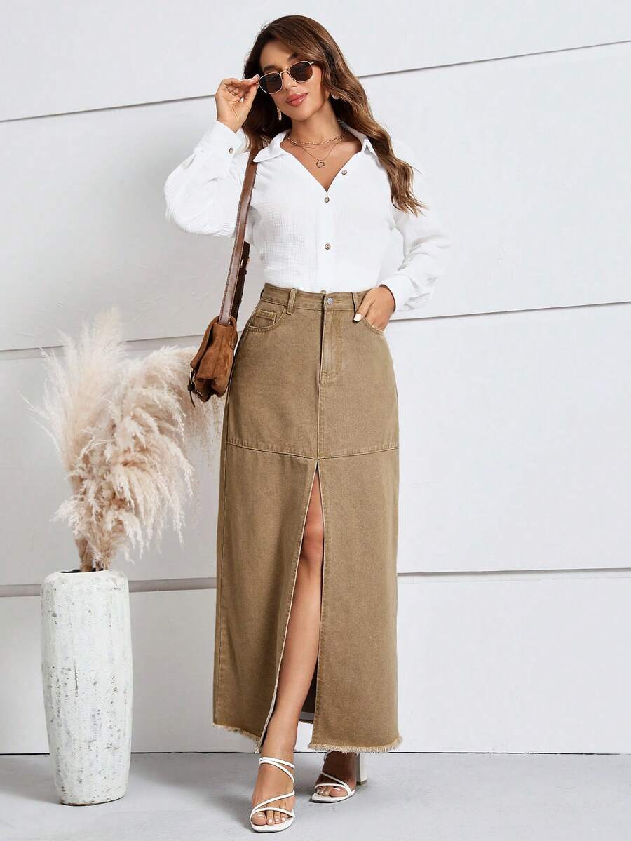 SHEIN LUNE 毛邊斜口袋高衩牛仔半身裙 - 卡其色 - 查看 1