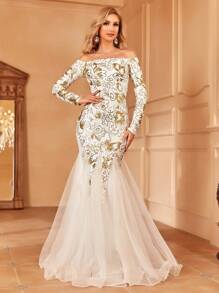 一字肩亮片舞會洋裝 - 白色 - 查看 7