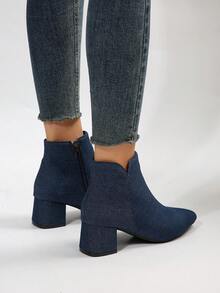 Women's Fashionable Solid Color Classic Boots With Side Zipper Design For Autumn/winter - Blue - View 6