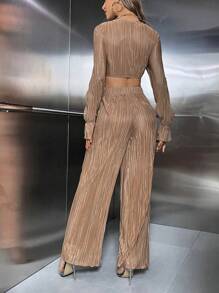 SHEIN Privé Twist Front Crop Top & Flare Leg Pants - Khaki - View 2