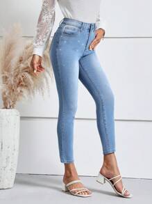 SHEIN LUNE 水鑽細節緊身九分牛仔褲 - 淺色水洗藍 - 查看 5