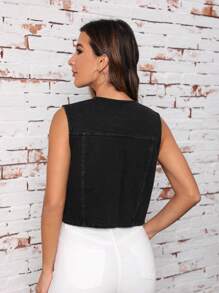 翻蓋口袋前紐扣馬甲牛仔夾克 - 黑色 - 查看 3