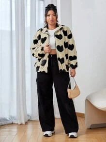 SHEIN EZwear 大碼愛心圖案落肩袖毛絨夾克 - 黑與白 - 查看 5