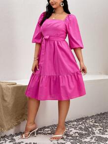 SHEIN VCAY Plus Square Neck Puff Sleeve Ruffle Hem Belted Dress