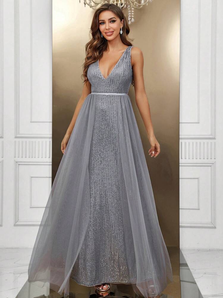 Plunging Neck Sequin Formal Dress