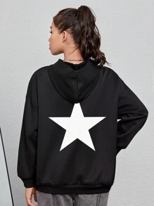 Teen Girl Star Print Drop Shoulder Sweatshirt - Black - View 1
