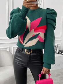 Chiquease Áo len dài tay họa tiết hoa mùa thu đông. - màu xanh lá - Xem 5