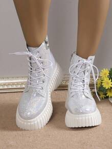 Bốt ngắn đế giữa thời trang tối giản Châu Âu & Mỹ, bốt mô tô màu hồng lấp lánh cho mùa thu & đông, bốt cho nữ - Bạc - Xem 3