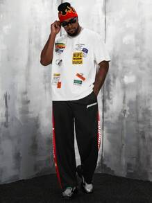 Manfinity VCAY Men Plus Letter Graphic Contrast Side Seam Pants - Black - View 5