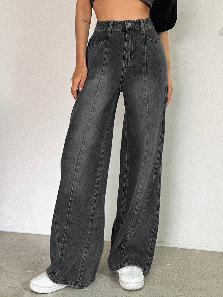DAZY Jeans de talle alto de pierna ancha - Gris Oscuro - Ver 1