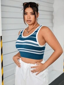 SHEIN EZwear Plus Striped Pattern Contrast Binding Crop Knit Top - Multicolor - View 5