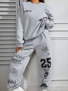 SHEIN Unity 標語圖案落肩袖衛衣和衛褲 - 淺灰色 - 查看 1
