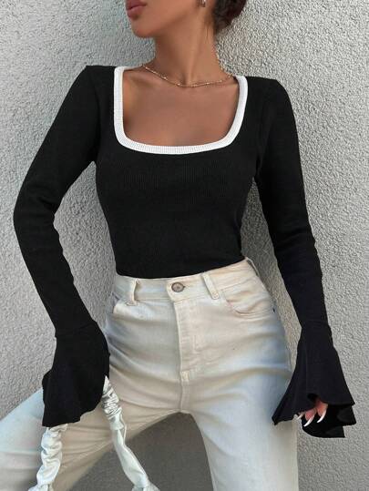 EURMUSE Damtröja med volangärm och kontrastkant i bomull